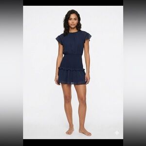 Aqua Navy Pleated Smocked Mini Dress